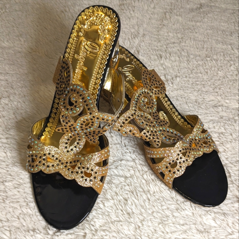 Elegant Gold and Black Women's Sandals Glitter Shimmer Rhinestone Sparkly